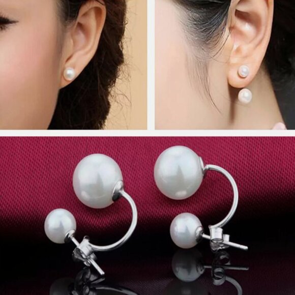 Dainty Double Pearl Drop Elegant Stud Dangle Post Earring Earrings - Picture 5 of 6
